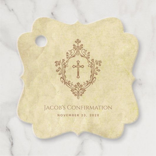 Confirmation Vintage Parchment Brown Cross & Crest Geschenkanhänger (Vorderseite)
