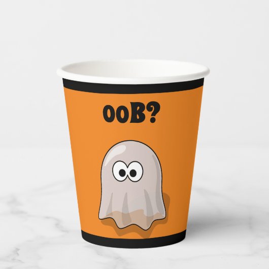 Confused Ghost Says "Oob?" Funny Halloween Cartoon Pappbecher (Vorderseite)