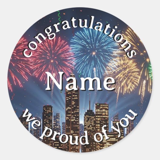 Congratulations Custom Name Fireworks City Skyline Runder Aufkleber (Vorderseite)
