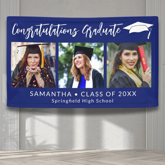 Congratulations Grad Cap Blue 3 Photo Graduation Banner