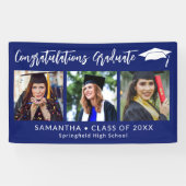 Congratulations Grad Cap Blue 3 Photo Graduation Banner (Horizontal)