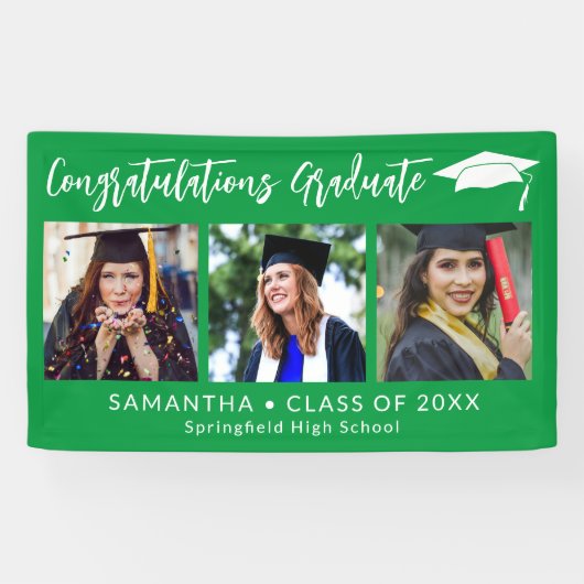 Congratulations Grad Cap Green 3 Photo Graduation Banner (Horizontal)