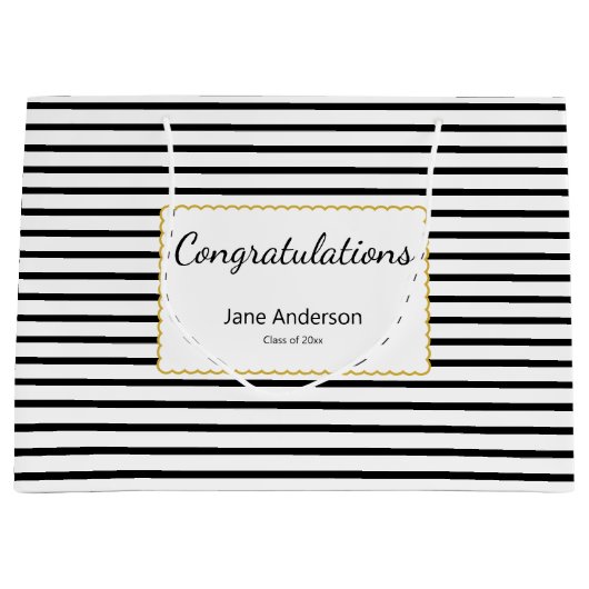 Congratulations Grad's Name Black & White Stripes Große Geschenktüte (Vorderseite)
