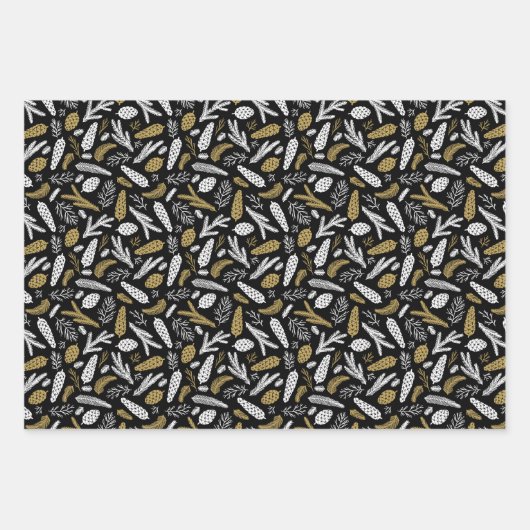 Conifer Branch Cones Black Gold Christmas  Geschenkpapier Set (Vorderseite)