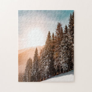 Conifer Pine Trees Snowy Forest Sunrise Nature Puzzle