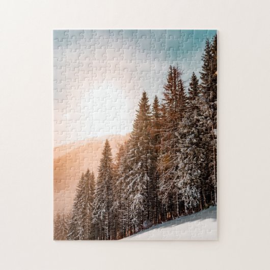 Conifer Pine Trees Snowy Forest Sunrise Nature Puzzle (Vertikal)