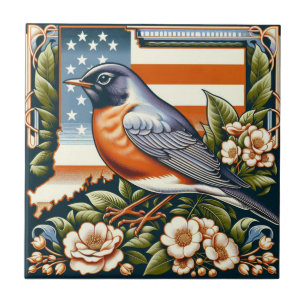 Connecticut American Robin und Staat Blume Blue Fliese