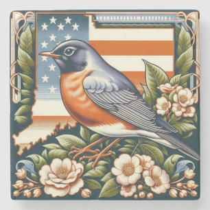 Connecticut American Robin und Staat Blume Steinuntersetzer