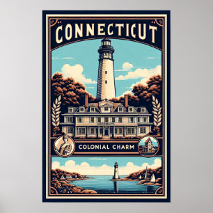 Connecticut Colonial Charm Lighthouse Vintag Poster