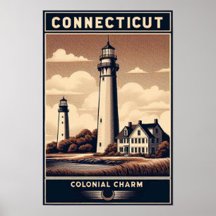 Connecticut Colonial Charm Lighthouse Vintag Poster