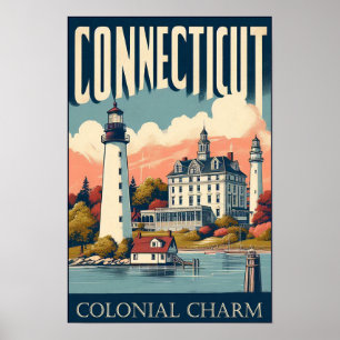 Connecticut Colonial Charm Lighthouse Vintag Poster
