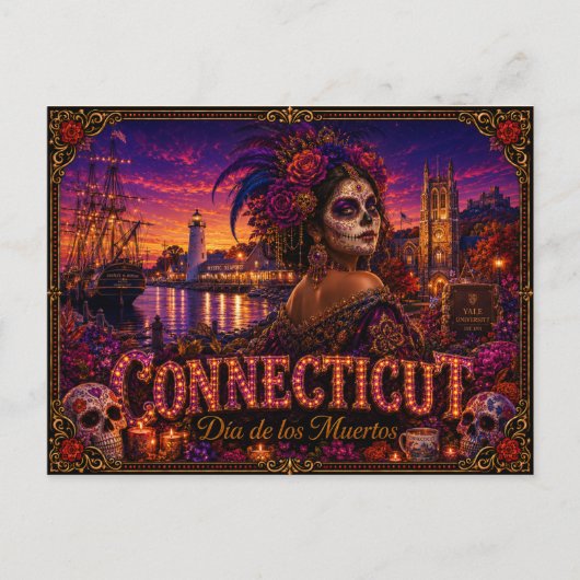 Connecticut Día de los Muertos Retro Postkarte (Vorderseite)