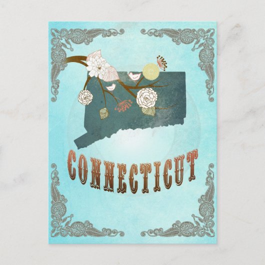 Connecticut-Karte mit reizenden Vögeln Postkarte (Vorderseite)