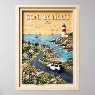 Connecticut Küstenleuchtturm Vintage-Roadtrip Poster