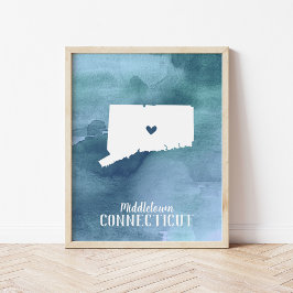 Connecticut Map Blue Watercolor Personalisierte Ku Poster