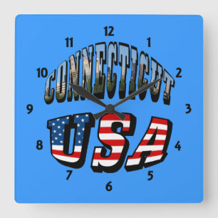 Connecticut Picture and USA Flag Text Quadratische Wanduhr
