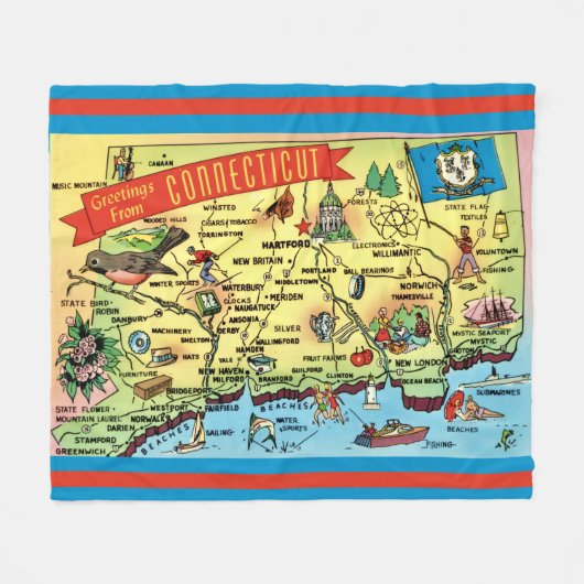 Connecticut Postcard Map Fleecedecke (Vorderseite (Horizontal))
