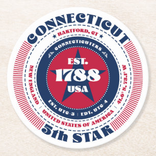 Connecticut Red White Blue Typografie Runder Pappuntersetzer