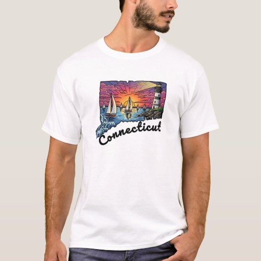 Connecticut Staat Tattoo Style Leuchtturm Sonnenun T-Shirt (Vorderseite)