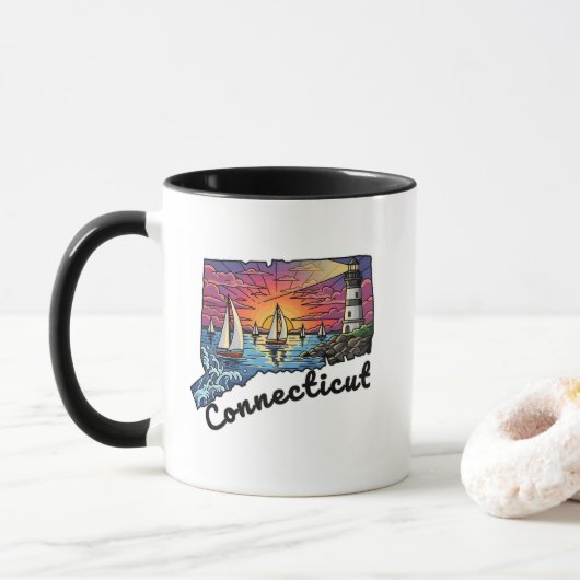 Connecticut Staat Tattoo Style Leuchtturm Sonnenun Tasse (Mit Donut)