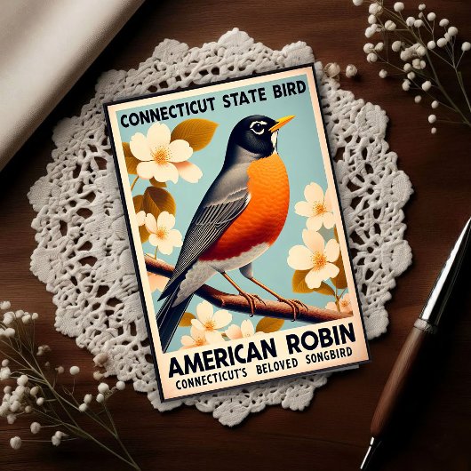 Connecticut State Bird - American Robin Vintage Postkarte