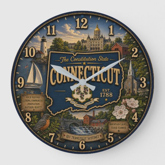 Connecticut State Constitution State Map Landmark Große Wanduhr (Vorderseite)
