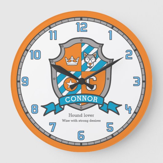 Connor Jungs Name bedeutet Ritter Schild Orange Große Wanduhr (Vorderseite)