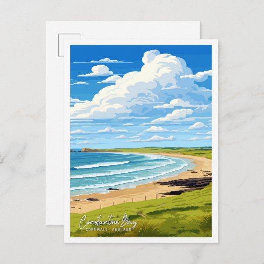 Constantine Bay Cornwall Art Travel Illustration Postkarte (Vorne/Hinten)