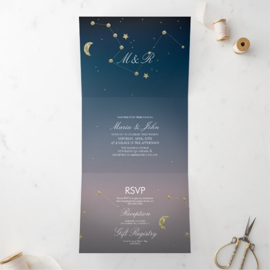 Constellation Gold Imitats Foil Ombre Sky Wedding Dreifach Gefaltete Einladung (Innenseite)