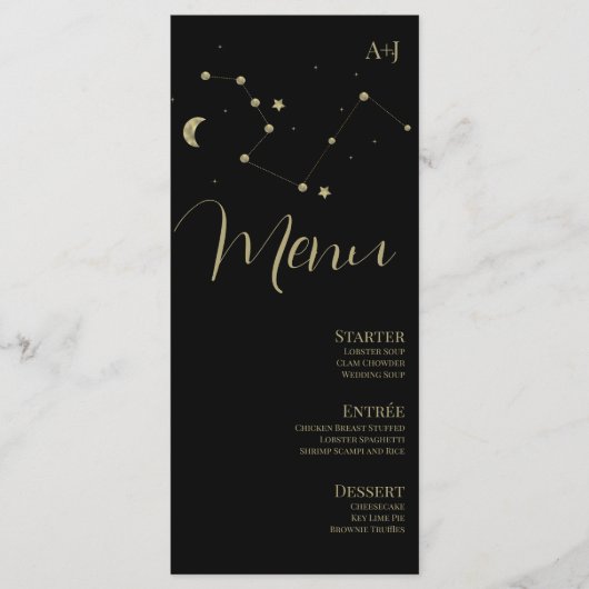 Constellation Script Black Gold Wedding Menü Menükarte (Vorderseite)