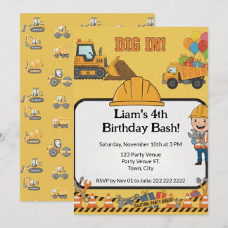 Construction 4th Birthday Invitation | Boy Truck  Einladung