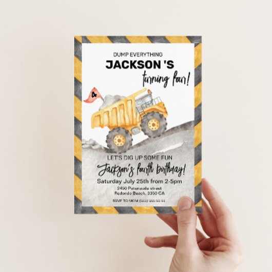 Construction 4th Birthday Invitation, Dump Truck Einladung
