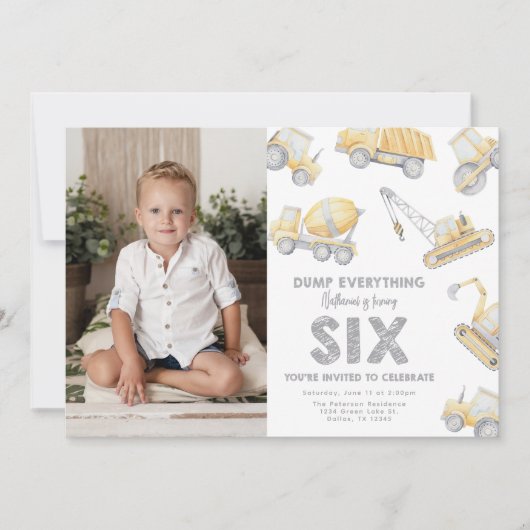 Construction 6th SIX Birthday Party Einladung (Vorderseite)