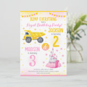 Construction and Princess  Siblings Joint Birthday Einladung (Stehend Vorderseite)