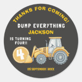 Construction Birthday 4| Excavator “Dump Everythin Runder Aufkleber (Vorderseite)