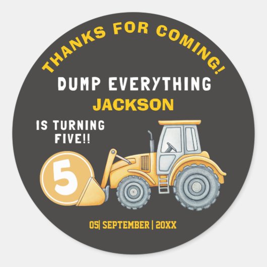 Construction Birthday 5 Excavator “Dump Everythin Runder Aufkleber (Vorderseite)
