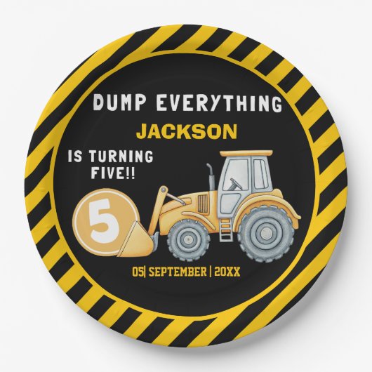 Construction Birthday 5 Party | Excavator Pappteller (Vorderseite)