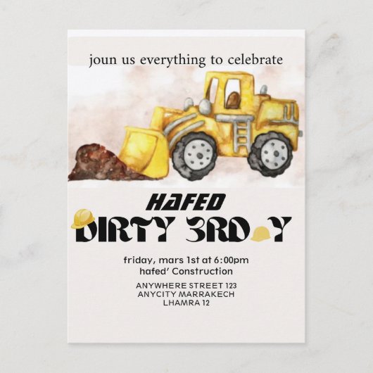 Construction Birthday Invitation Editable Dump Tru Postkarte (Vorderseite)