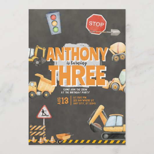 Construction Birthday Invitation Einladung (Vorderseite)
