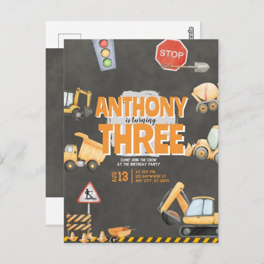 Construction Birthday Invitation Postkarte (Vorne/Hinten)