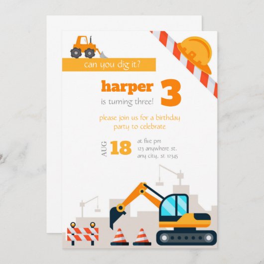 Construction birthday invitation template bday dankeskarte (Vorne/Hinten)