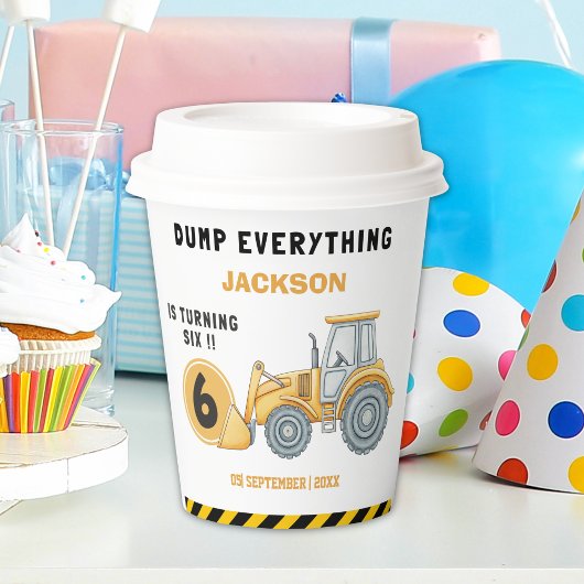Construction Birthday Paper Cups Turning Six White Pappbecher