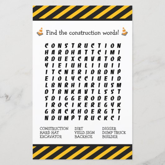 Construction Birthday Party Kid Boy Activity Sheet (Rückseite)