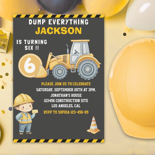 Construction Birthday Turning Six Boy Einladung