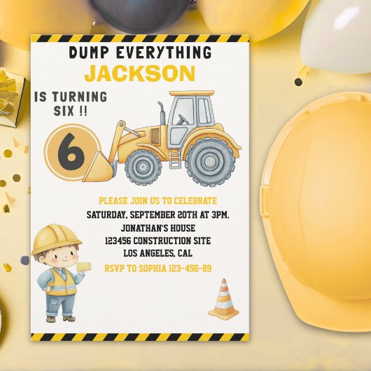 Construction Birthday Turning Six Boy Yellow Einladung