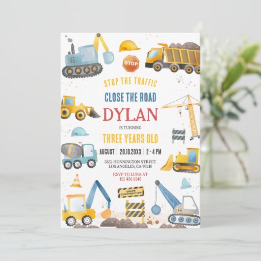 Construction Boy Birthday Invitation Einladung (Stehend Vorderseite)