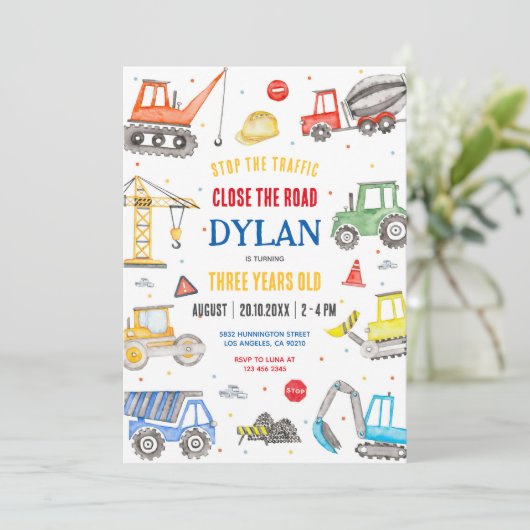 Construction Boy Birthday Invitation Einladung (Stehend Vorderseite)