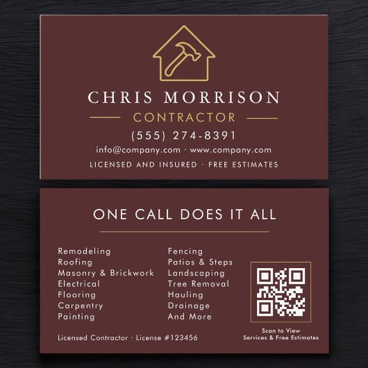 Construction Company Burgundy Gold QR Code Visitenkarte