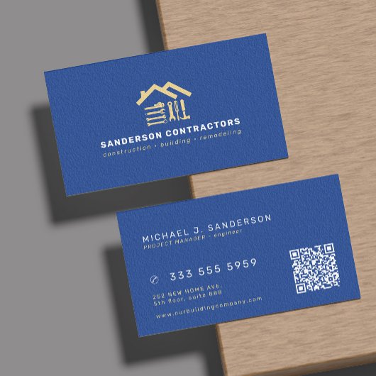 Construction company modern royal blue gold QR  Visitenkarte