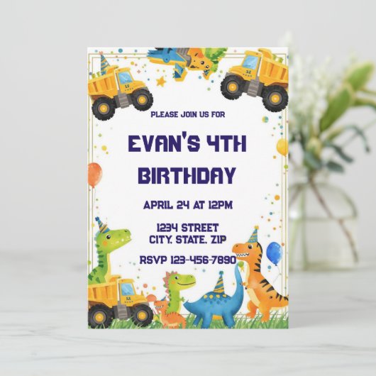 Construction Dinosaur Birthday Invitation Dump Einladung (Stehend Vorderseite)